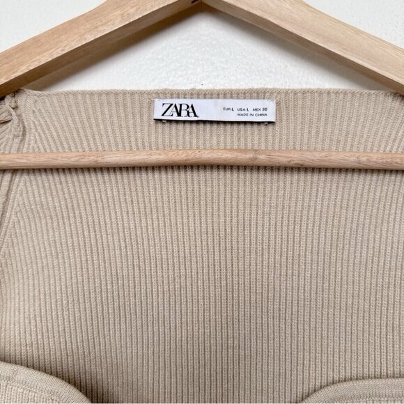 Zara Womens Large Square Neck Ribbed Wool Sweater In Tan Color - Picture 10 of 14